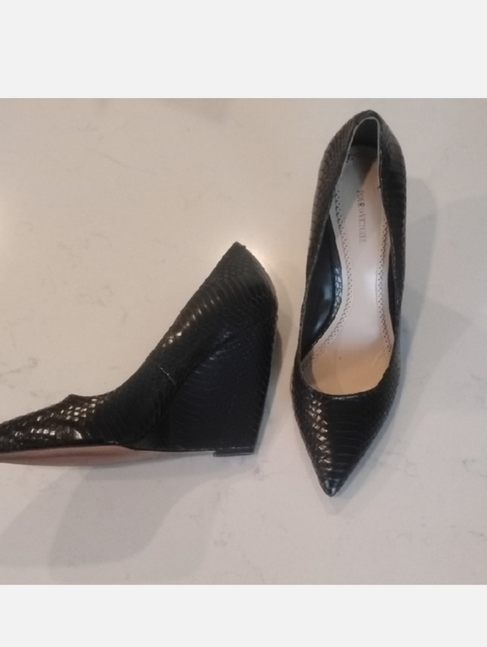 Pour La Victoire Black Snake-Embossed Wedges